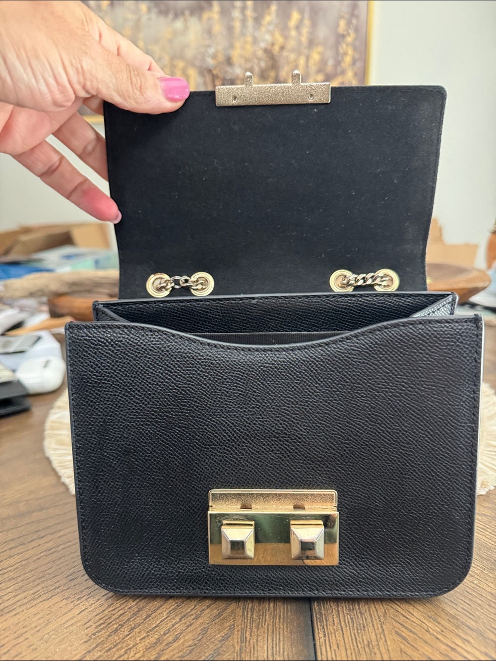 Furla Black Cross Grain Shoulder Bag with Gold Studs & Strap - Picture 6 of 9